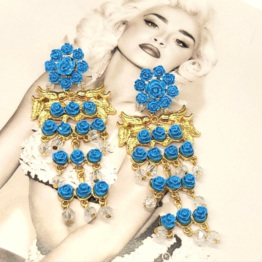 Vintage Estate Signed 1985 Golden Birds & Blue Flowers Gold Chandelier Earrings
